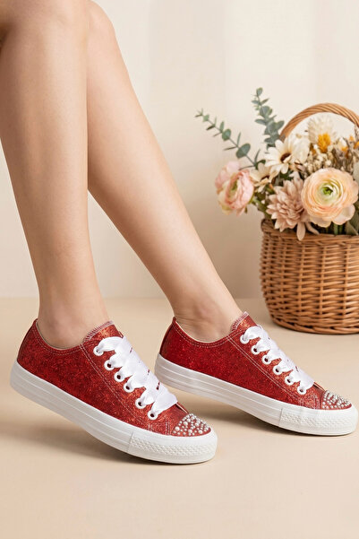 HYS SHOES Kırmızı Kına Ve Nişan Spor Ayakkabısı, Taş İşlemeli Rahat Gelin Aya...