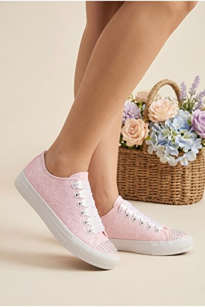 HYS SHOES Taş Süslemeli Pembe Gelin Ayakkabısı, Simli Söz Nişan Spor Ayakkabısı