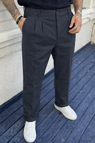 DAMGA JEANS Men's High Waist Regular Fit Smoked Fabric Trousers