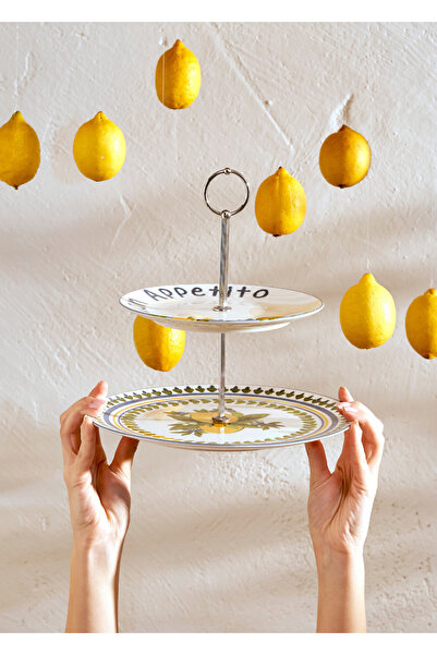 Bella Maison Lemoncello Porselen 2 Katlı Kurabiyelik