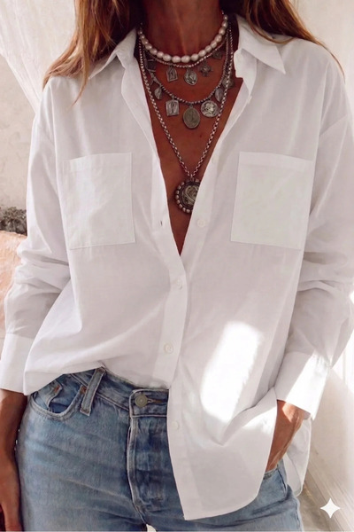 BORCKA TEKSTİL White Oversize Double Pocket Detailed Poplin Women's Shirt Tim...