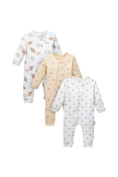 ENİA BABY Unisex Bebek Tulum 3’lü Set 9-18 Ay Fermuarlı Pamuklu Ribana Ayıcık...