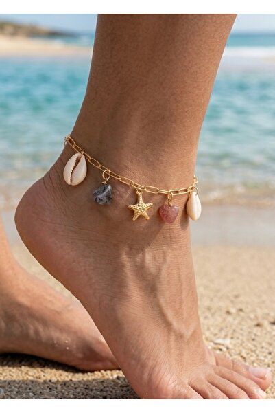takıtarzım Star Shell Mixed Color Natural Stone Gold Anklet