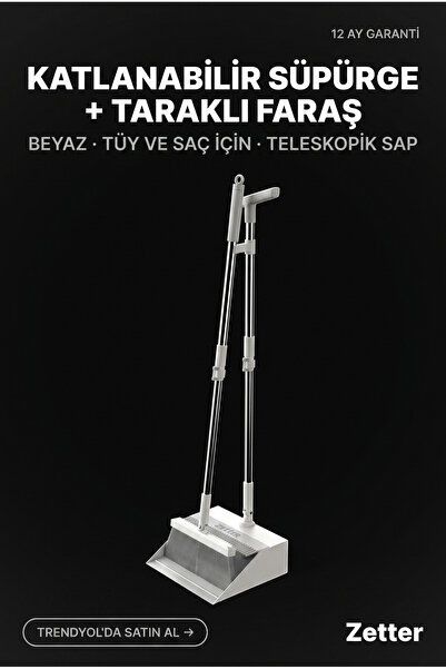 Zetter Katlanabilir Tüy Toplayıcı Taraklı Süpürge Faraş Temizlik Seti - Beyaz