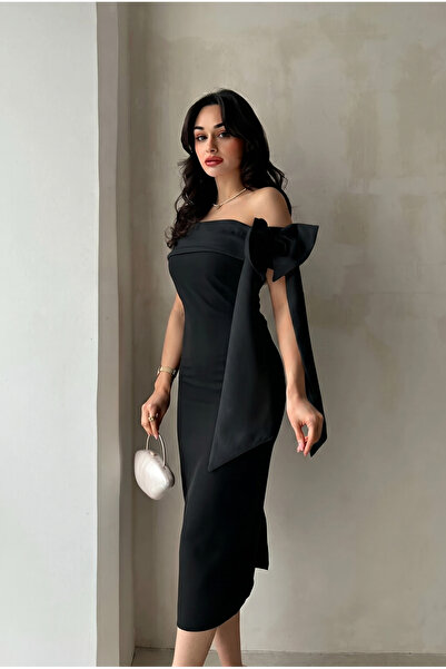 ALFUDO Moda Collection Brianna Siyah Renk Midi Kemerli Elbise