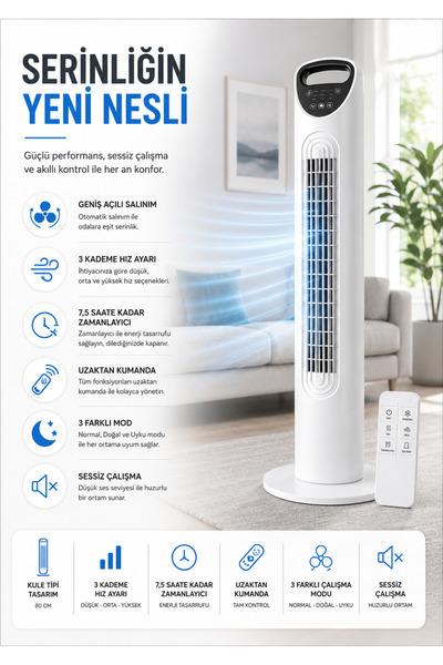 SMAYLİNG Sessiz Kule Vantilatör 80cm Uzaktan Kumandalı, 3 Hızlı, Salınımlı, T...