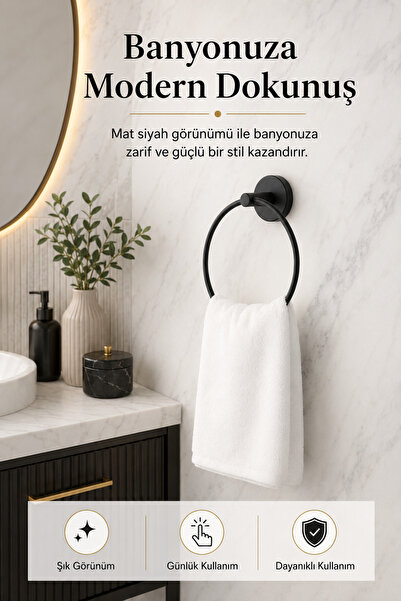 Alper Banyo Siyah Metal Havluluk 21x18 Cm | Yapışkanlı & Vidalı Montaj | Duva...