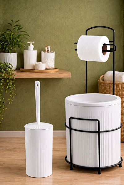 decorev Modern Banyo Seti – Kapaklı Çöp Kovası, Tuvalet Kağıtlığı ve WC Fırça...