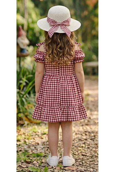 CARMİNA KİDS Girl's Gingham Pattern Belted Straw Hat Summer Dress