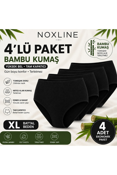 NOXLİNE 4'lü Paket Kadın Bambu Külot Battal Beden Yüksek Bel Tam Kapatıcı Nef...
