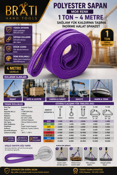 BRATİ HAND TOOLS Polyester Sapan Mor Renk 1 Ton 4 Metre Sağlam Yük Kaldırma T...