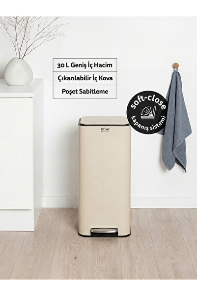 5FIVE Delta Kare Metal Pedallı Çöp Kovası 30 L – Sessiz Kapanma, Metal Gövde,...