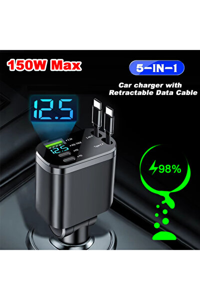 Choice شاحن سيارة قابل للسحب من النوع C 5 في 1 مع كابل USB Type C PD قابل للس...