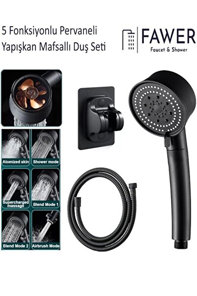 FAWER Faucet & Shower 5 Fonksiyonlu Turbo Pervaneli Örgülü Hortumlu Yapışkan ...