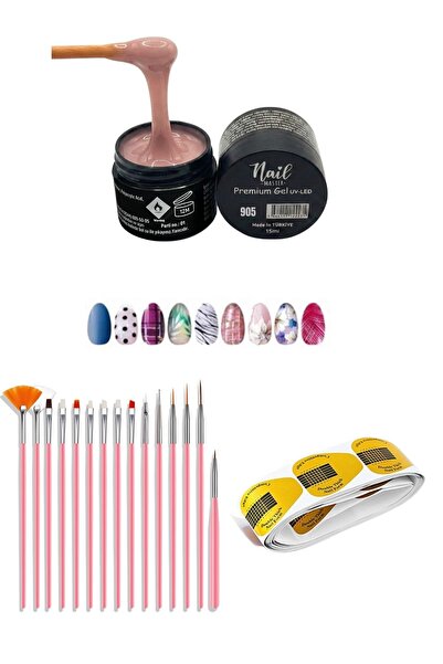 Nail Master Protez Tırnak Jeli 15ml 905 + 15li Fırça Seti + 50li Şablon