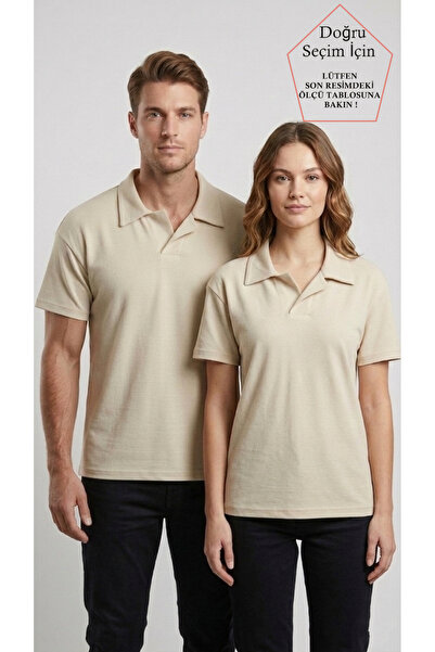 SmallTouch Unisex Oversize Kalıp Düğmesiz Bej Polo Yaka Tişört