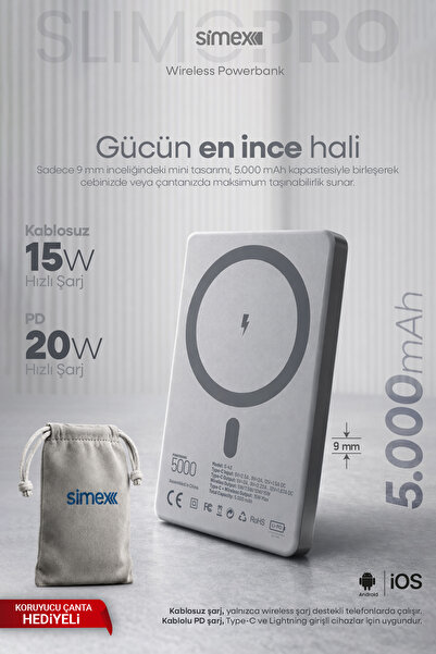 Simex Ultra Slim Magsafe Powerbank 5000 mAh - 20W PD Hızlı Şarj Taşınabilir B...