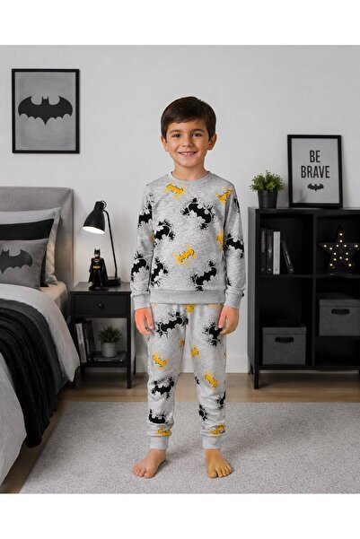 Pijamakids طقم بيجامة موسمية بأكمام طويلة منقوشة بتصميم باتمان باللون الرمادي...