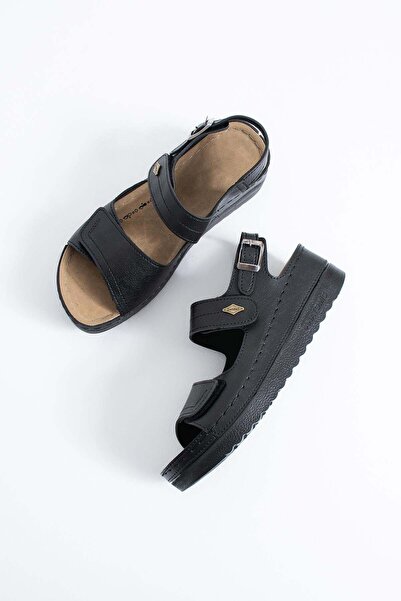Moda Pie Holo Çift Çırtlı Kadın Ortopedik Sandalet Siyah
