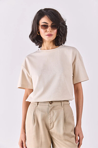 VENA Bisiklet Yaka Oversize Rahat Kalıp Basic Tişört - NATUREL