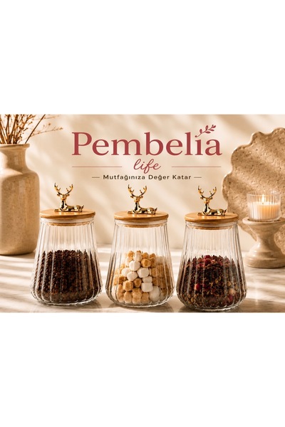 Pembelia Life 3’lü Geyik Detaylı Bambu Vakumlu Kapaklı Cam Çay Şeker Tuz Kahv...