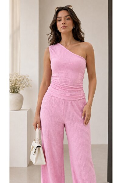 BELISTIL Set roz cu pantaloni drapați cu talie înaltă și top cu un singur umăr