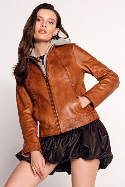 Derimod Magic Women's Brown Hooded Short Sports Leather Jacket 26Sgm566751