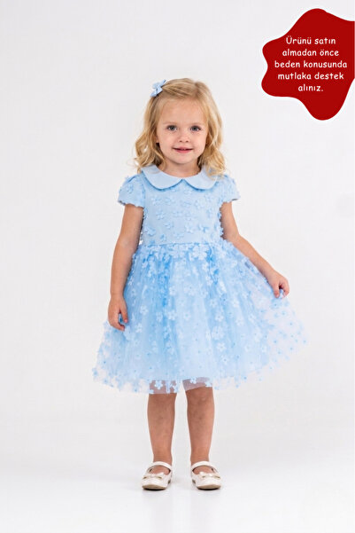 Eray Kids Bebe Yaka Çiçekli Kısa Kollu Kız Çocuk Abiye Elbise