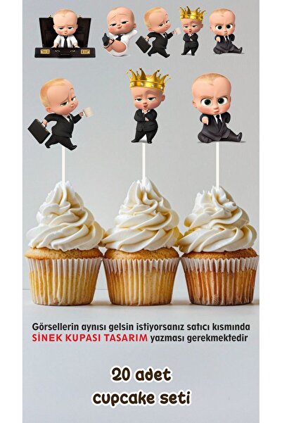 Sinek Kupası Tasarım Patron Bebek Temalı Konsept Kürdanlı Cupcake Süsü Doğum Günü Süsü *20'li Kalın Kağıt