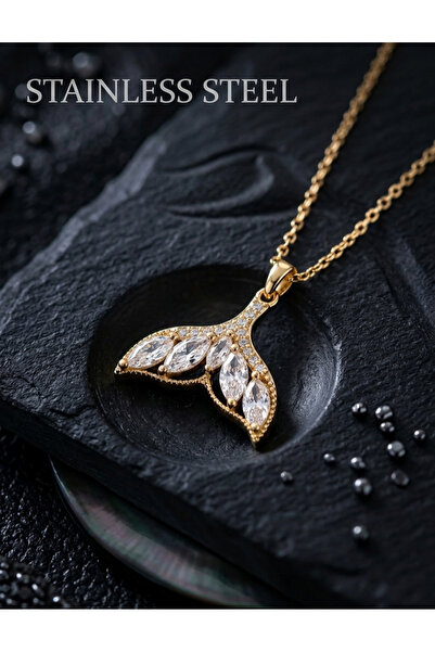 stainless steell 316L Gold Color Steel Zircon Stone Fish Tail Model Necklace