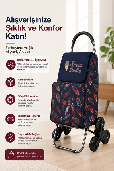 Vadi Desenli Katlanabilir Alüminyum Gövdeli 3 Tekerlekli Alışveriş Market Paz...
