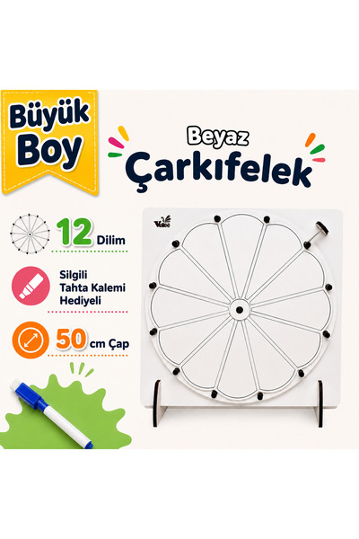 VoleeCraft BÜYÜK BOY 12 DİLİM Beyaz Çarkıfelek Oyunu Ahşap Eğitim Materyali