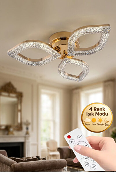 Lumia Lighting Yonca Model Gold Kumandalı 3"lü Ledli 3 Renk Modu Kristal Salo...