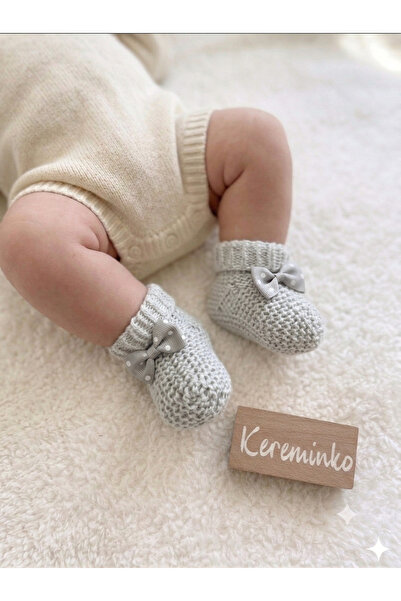 Kereminko Bebek Gray Knitwear Booties with Bow Detail, Suitable for 0-6 Months