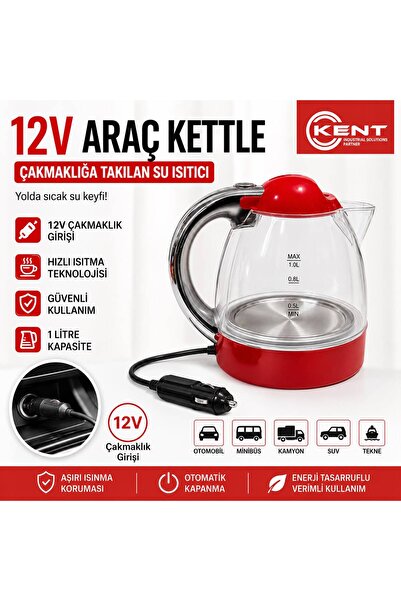 KENT 12 Volt 1litre Oto Araba Su Isıtıcı 12v Kettle Büyük Boy Ketil Termostat...
