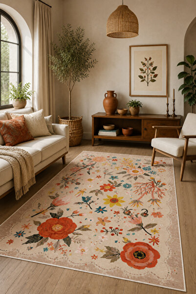 Pelura Halı Floral Desen Baskılı Kaymaz Yıkanabilir Salon Oturma Odası Mutfak...