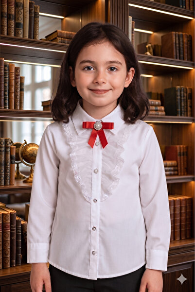 Elayza UZUN KOLLU ÖNÜ FIRFIRLI ÇIKARILABİLİR AKSESUARLI KIZ ÇOCUK BEYAZ GÖMLE...
