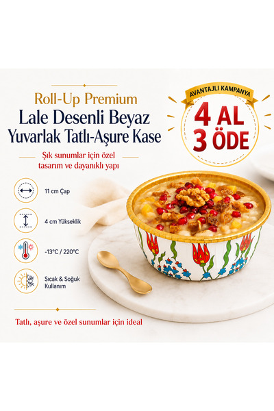 Roll-Up Premium Lale Desenli Beyaz Aşure Kasesi 6'lı | Yuvarlak Muhallebi Süt...