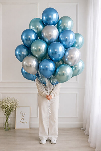 Parti dolabı Chrome Shiny Metallic Green-Blue-Silver Color 10-Piece Balloons ...