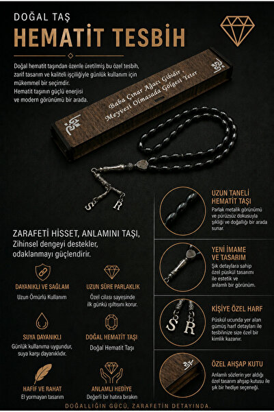 Steel Art Kuyumculuk Kişiye Özel Harfli Hematit Doğal Taş Tesbih Hediyelik Ah...