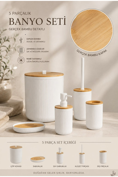 Store HGY Home Gerçek Bambu Detaylı London Beyaz 5'li Banyo Seti