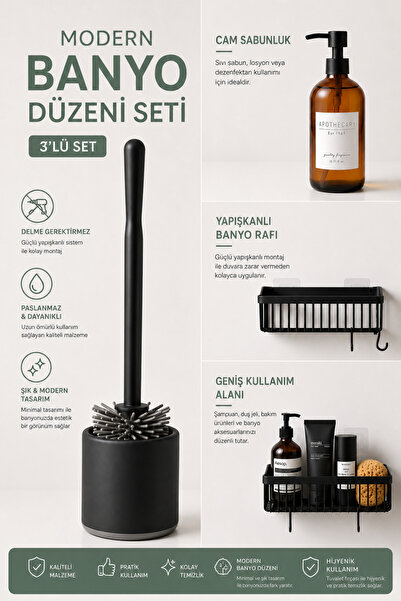 Varbifırsat Modern Banyo Seti 3'lü | Yapışkanlı Banyo Rafı, Cam Sabunluk ve T...