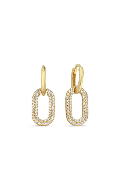 Sembol Gold 14 Ayar Altın Taşlı Oval Halka Küpe