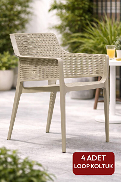 Alezy Loop Plastik Bahçe Balkon Koltuk Cappucino 4'lü Set