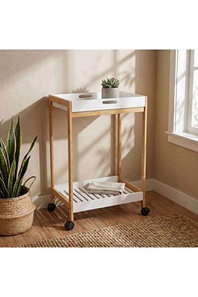 PAN HOME عربة جانبية من زيلر بطبقتين مع صينية 55x34x63 سم - لون طبيعي/أبيض