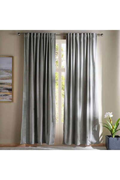 PAN HOME زوج ستائر سيرينا القطنية المخملية مع شريط تثبيت - 135×240 - رمادي