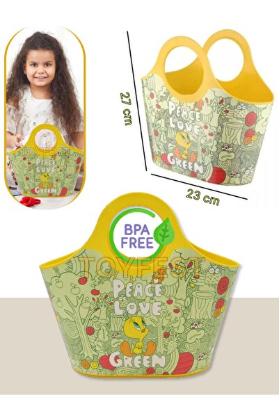TOYFEST Çok Amaçlı Sarı Çocuk Günlük & Plaj Çantası - Peace Love Green Tweety...