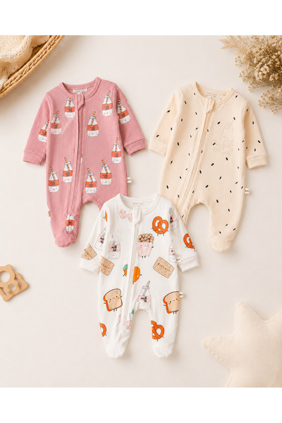 0-3 Months Newborn Baby Girl Boy 3-Piece Zippered Jumpsuit Set with Bootees – 100% Cotton
