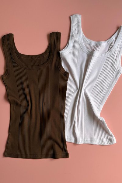 VicTroy Linea, 2-Pack in Coffee Color and White, Ribbed Thick Straps, Cotton Women's Undershirts