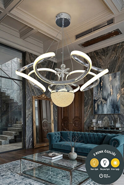 Lzy Avize Store Amissos Krom 4 Kollu Modern Avize - 3 Renk Işıklı - Salon, Ye...